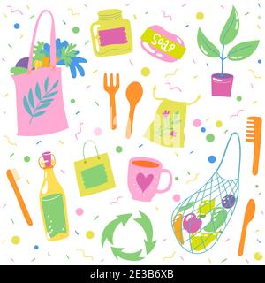 Seamless pattern background with ecological symbols in doodle style Stock Vector