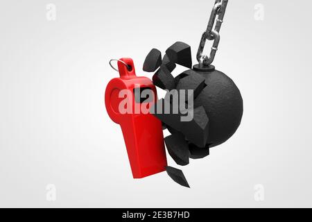 Wrecking ball breaks as it falls into a whistle demonstrating person in society or a company exposing corruption concept. 3D illustration Stock Photo