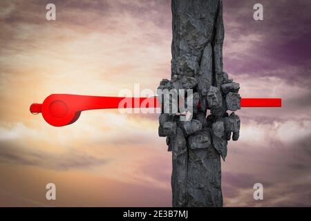Whistle breaks a concrete wall demonstrating person in society or a company exposing corruption concept. 3D illustration Stock Photo