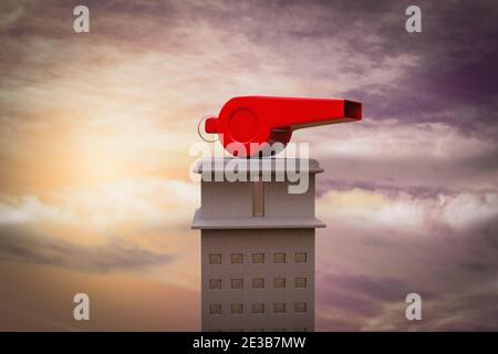 Whistle on top of a skyscraper demonstrating person in society or a company exposing corruption concept. 3D illustration Stock Photo