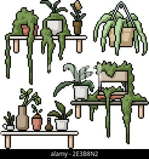 pixel art set isolated plant shelf decoration Stock Vector