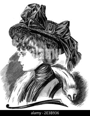 Ladies hat and hairdressing fashion 1907,  broad hats with bow, Gibson girl hairstyle with piled up hairs, chiffon blouse and white fox stole Stock Photo