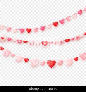 Garlands of hearts. Valentine's day or wedding day decoration elements. Vector isolated on transparent background Stock Vector