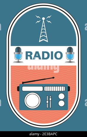 Retro Radio Vector Illustration with radio mast waves on a blue background Stock Vector