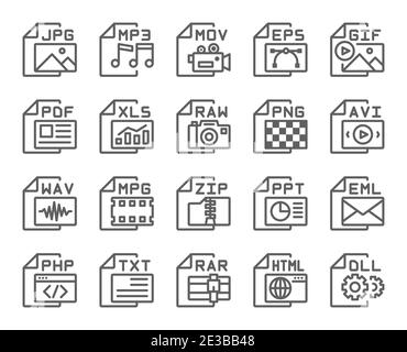 File format type outline icons set . Editable stroke . 48 x 48 pixel perfect . Stock Vector