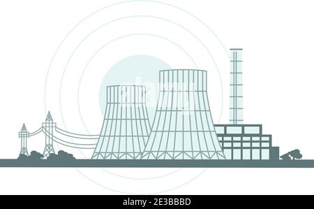 Cooling tower Illustration, producing energy to generate electricity heating using steam. Thermal Power Station, Nuclear Plant, Nuclear Reactor and Po Stock Vector