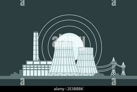 Cooling tower producing energy to generate electricity heating using steam. Thermal Power Station, Nuclear Plant, Nuclear Reactor and Power Lines, Vec Stock Vector