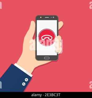 Decline phone call. Decline call button on smartphone screen. Hand holding mobile phone. Modern flat design. Vector illustration. Stock Vector