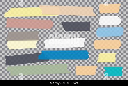 White, blue, black different size adhesive, sticky, masking, duct tape, paper pieces are on dark transparent, squared background Stock Vector