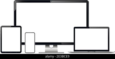 Modern technology devices - computer monitor, laptop, digital tablet and mobile phone with blank screen Stock Vector