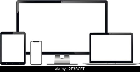 Set of technology devices - computer monitor, laptop, digital tablet and mobile phone with blank screen Stock Vector