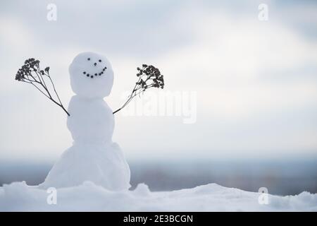 Happy snowman on a cold winter day with sky background Stock Photo