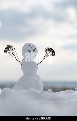 Happy snowman on a cold winter day with sky background Stock Photo