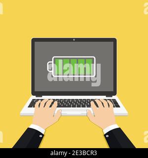 Laptop with full battery sign on screen. Hands on the laptop. Vector Illustration. Stock Vector