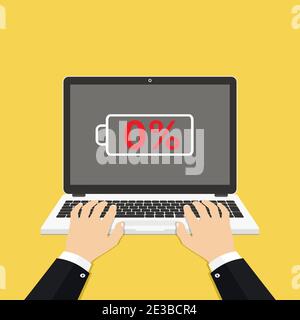 Laptop with low battery sign on screen. Hands on the laptop. Vector Illustration. Stock Vector