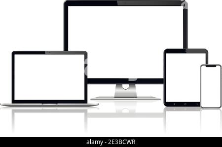 Responsive web design computer display, laptop, tablet pc, smartphone with reflect Stock Vector