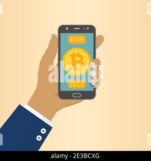 Afro American businessman hold phone with Bitcoin symbol on mobile app screen with BUY and SELL buttons. Flat design vector illustration. Stock Vector
