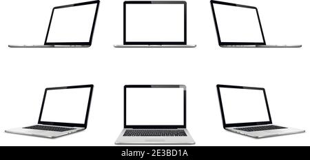 Laptop with blank empty screen on white background. Perspective, top and front laptop view with blank screen. Stock Vector