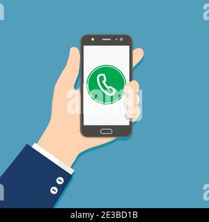 Phone call button on smartphone screen. Hand holding smartphone. Flat design vector illustration. Stock Vector