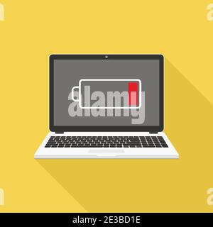 Laptop with low battery sign on screen vector illustration. Stock Vector