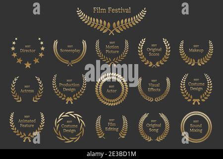 Golden shiny award laurel wreaths with different nominations isolated on grey background. Vector Film Awards design elements Stock Vector
