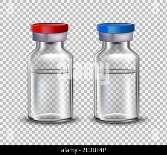Vaccine ampoules, mock up for design of medical brochures. Vaccine for Sovid-19. 3D realistic style. On a transparent background. Vector. Stock Vector