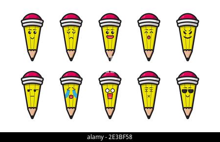 Set of cute pencil mascot with different expression cartoon vector icon illustration. Design isolated on white. Flat cartoon style. Stock Photo