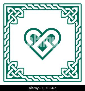 Celtic green heart vector greeting card design with Irish braided frame - Valentine's Day, love concept Stock Vector