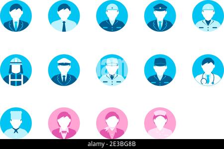 Circular worker avatar icon illustration set (upper body) / business person, blue collar worker, police man, cook , doctor etc. Stock Vector