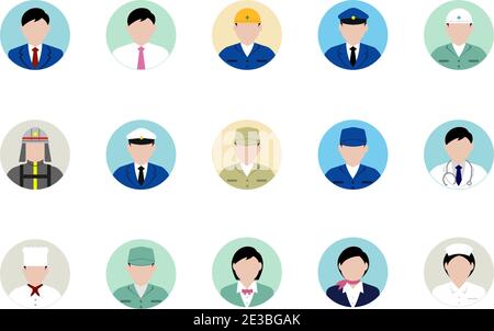 Circular worker avatar icon illustration set (upper body) / business person, blue collar worker, police man, cook , doctor etc. Stock Vector