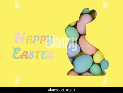 Greeting card with the inscription Happy Easter. A silhouette of a rabbit is cut out of paper. Background from multi-colored Easter eggs in pastel col Stock Photo