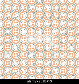 Abstract buttons, scissors, thread vector seamless pattern background. Truchet generative art style backdrop with sewing icons. Dense pastel pink Stock Vector