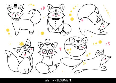 Set foxes in different poses. Cute foxes in sketch style. Doodle, vector Stock Vector