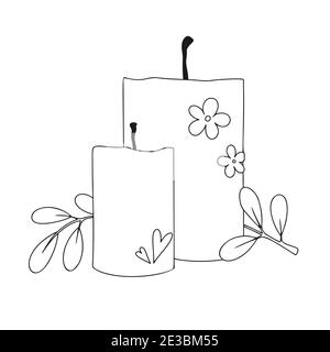 Two candles and a plant. Candles isolated on white background. Vector illustration in sketch style. Stock Vector