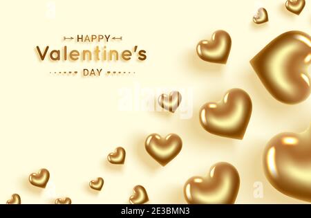 Happy Valentine s Day. Gold hearts. Banner with place for text. Happy birthday greeting card, International Women s Day. Isolated on a pink background Stock Vector