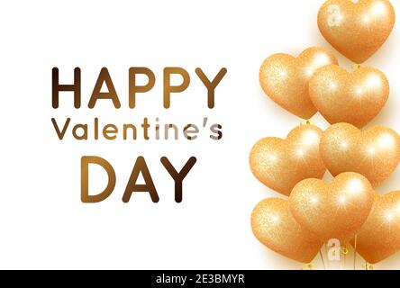 Valentine's card with gold balloons and shiny glitter in the shape of a heart and place for text. Valentine day banner. 3d realistic. Isolated over wh Stock Vector