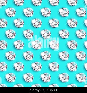 Seamless pattern with diamonds on a blue background. Wallpaper for Valentine's Day, Anniversary, Birthday. 3d realistic illustration. Vector. Stock Vector