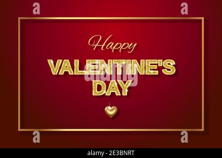 Happy Valentine s day. Gold letters with sparkling glitter and a gold heart - a sign of love. 3d realistic illustration. On a dark red background. Stock Vector