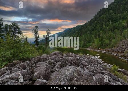 Evening landscape in the bay on the lake in Gorny Altai, Russia Stock Photo