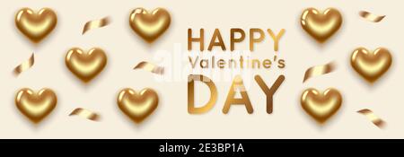 Horizontal banner for Valentine's Day and Women's Day, Birthday and Anniversary. Gold balloons in the shape of a heart with gold confetti Stock Vector