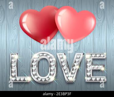 The word Love and two hearts together. White gold heart-shaped letters with sparkling diamonds. Valentine s Day banner. Greeting card. 3D realistic Stock Vector