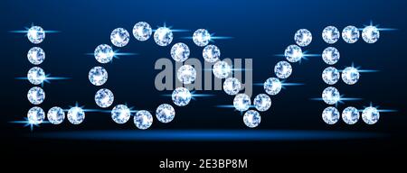 Banner with a sparkling word Love made from diamonds. Romantic neon illustration for Valentine s Day. Realistic style. Vector. Stock Vector