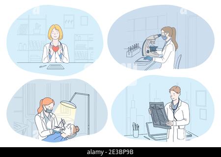 X-ray in medicine, dentistry, laboratory, surgery concept. People doctors holding x-ray image of spine, making shot of teeth, working in lab and holdi Stock Vector