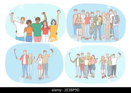 Friendship, students, communication, mates, education, university, friends concept. Group of happy smiling people friends teens having fun, standing w Stock Vector