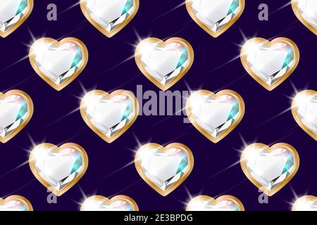 Seamless pattern with diamonds in the shape of a heart in a gold frame. Background for Valentine s Day, Birthday, Women s Day, Anniversary. Stock Vector