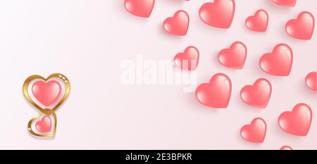 Happy Valentines Day. Flying gel pink balloons. Horizontal banner with place for text. For happy birthday, International Women s Day. Vector illustrat Stock Vector