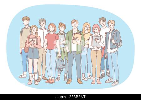 Students, classmates, group of teenagers concept. Group of happy smiling young people friends teens standing with books and backpacks together outdoor Stock Vector