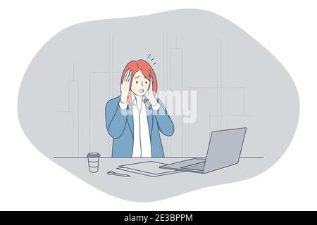 Stress, overwork, overload concept. Unhappy depressed stressed young woman office worker sitting with laptop with much work and feeling stressed and t Stock Vector