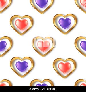 Seamless background with pink and purple hearts in a gold frame. For Valentine's Day, Women's Day, Birthday. Realistic 3D illustration. On white backg Stock Vector