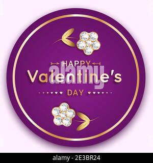 Round banner with a flower of diamonds. Greeting card for Valentine s Day. On a purple background. 3D realistic. Vector. Stock Vector